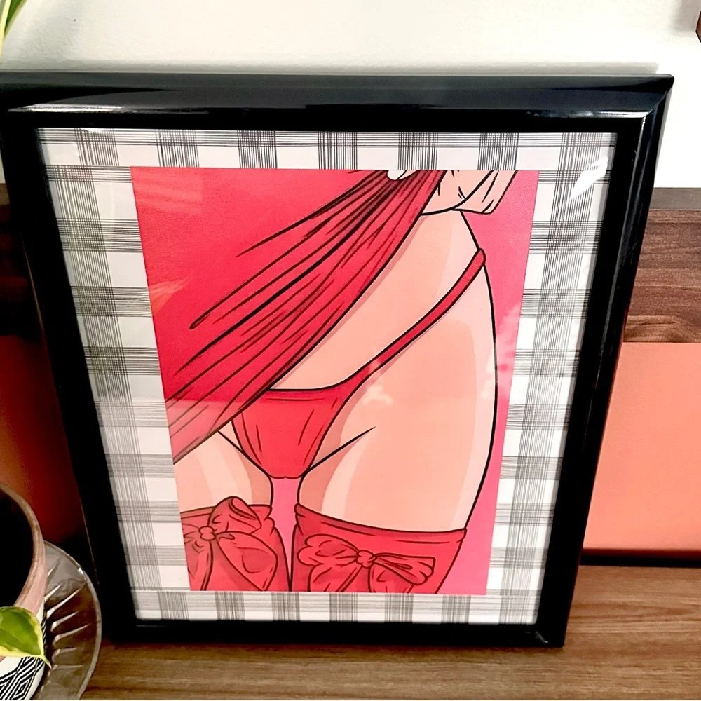 Red Thigh Highs Bows Sexy Woman Canvas Art Print Framed Wall Art Anime Drawing